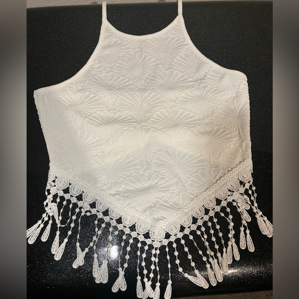 White Crochet Fringe Halter Top